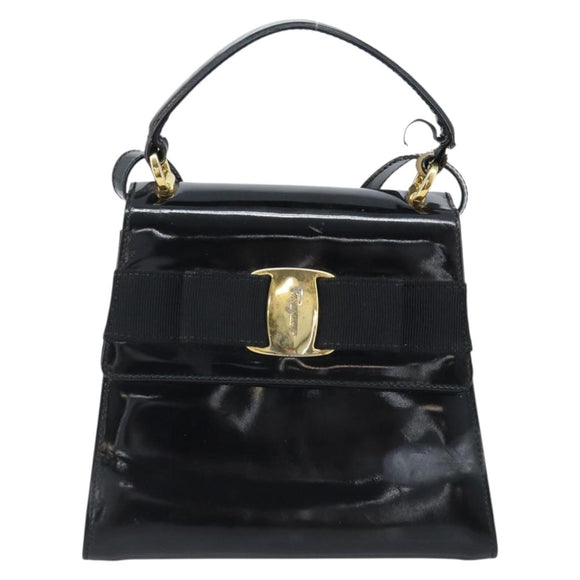 Salvatore Ferragamo Vala Hand Bag Patent leather 2way Black Gold Auth LNZ738