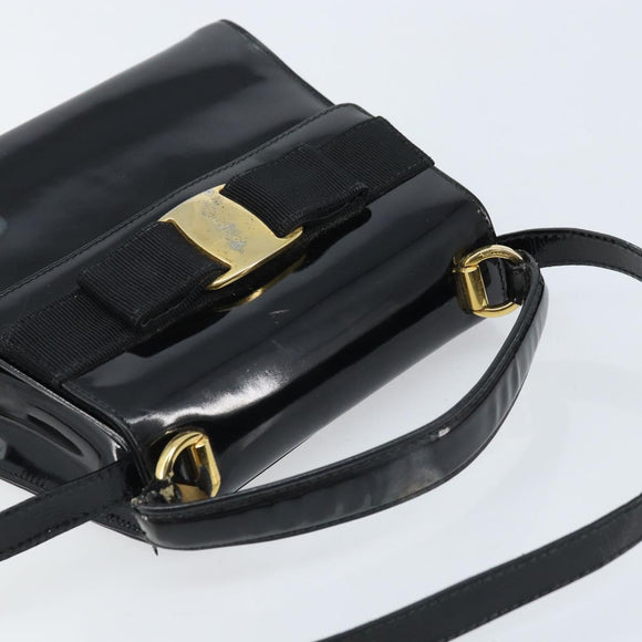 Salvatore Ferragamo Vala Hand Bag Patent leather 2way Black Gold Auth LNZ738