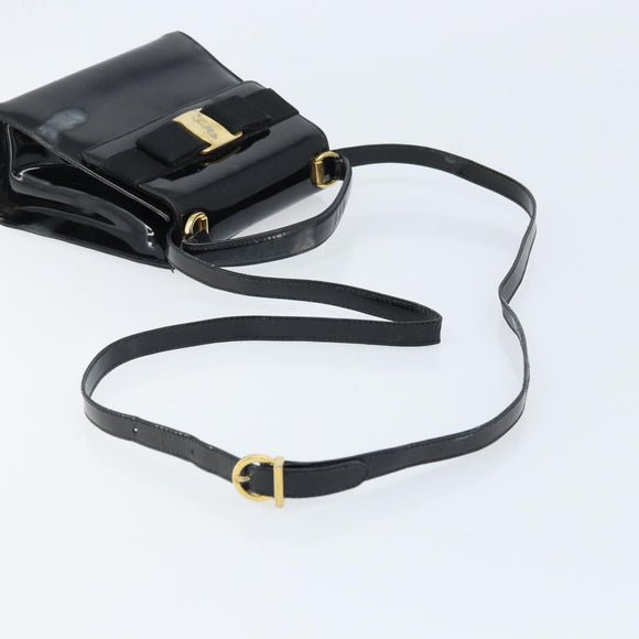Salvatore Ferragamo Vala Hand Bag Patent leather 2way Black Gold Auth LNZ738