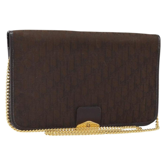 Christian Dior Trotter Canvas Chain Shoulder Bag Brown Gold Auth LNZ741