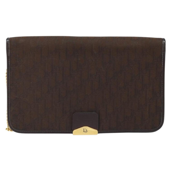 Christian Dior Trotter Canvas Chain Shoulder Bag Brown Gold Auth LNZ741