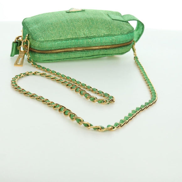 PRADA Chain Shoulder Bag Canvas Green Gold Auth LNZ744V
