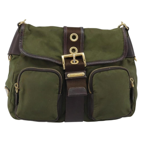 PRADA Shoulder Bag Nylon Khaki Gold Auth LNZ745