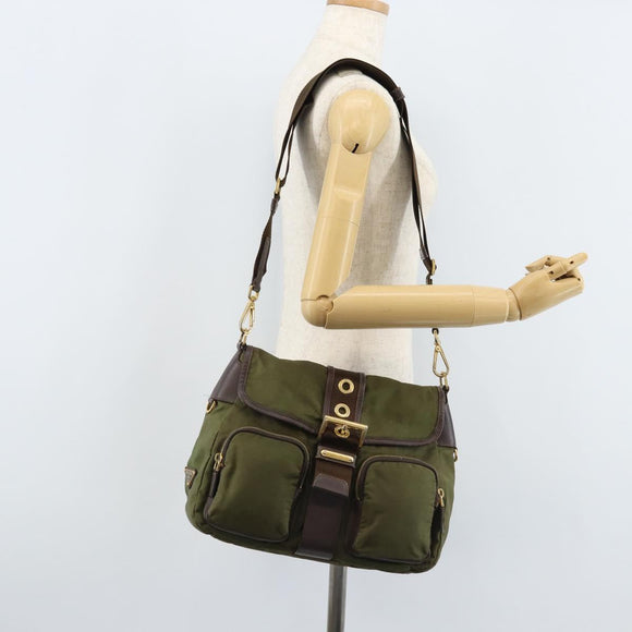 PRADA Shoulder Bag Nylon Khaki Gold Auth LNZ745