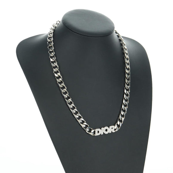 Christian Dior italic Necklace metal Silver Auth LNZ749M
