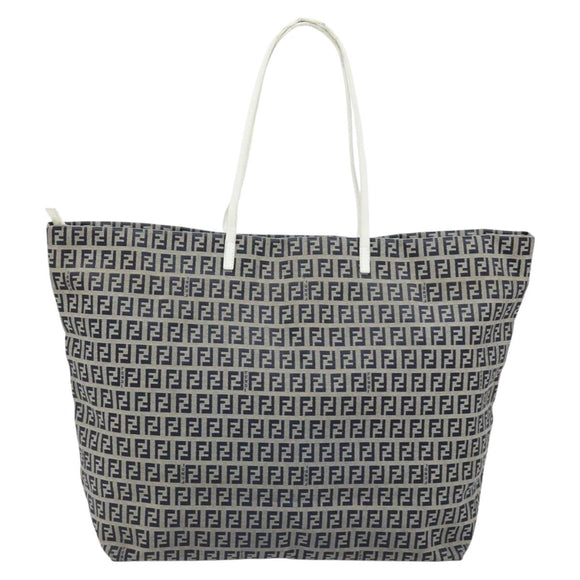 FENDI Zucchino Canvas Tote Bag Navy Silver Auth LNZ782
