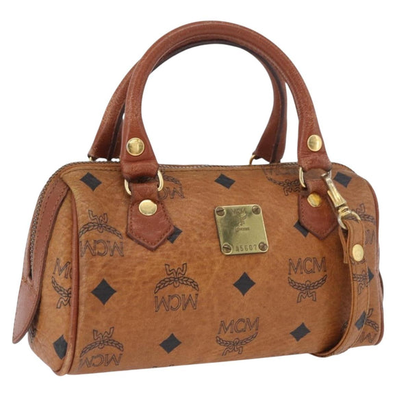 MCM Vicetos Mini Logogram Boston Bag PVC Leather 2way Brown Gold Auth LNZ803