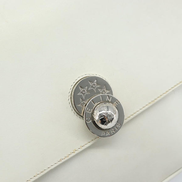 CELINE Star Ball Chain Shoulder Bag Leather White Silver Auth LNZ806