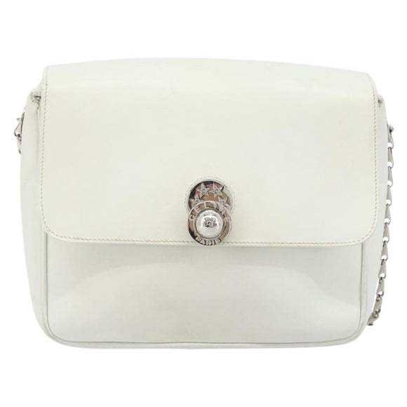 CELINE Star Ball Chain Shoulder Bag Leather White Silver Auth LNZ806