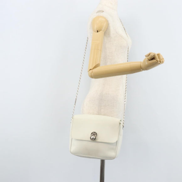 CELINE Star Ball Chain Shoulder Bag Leather White Silver Auth LNZ806