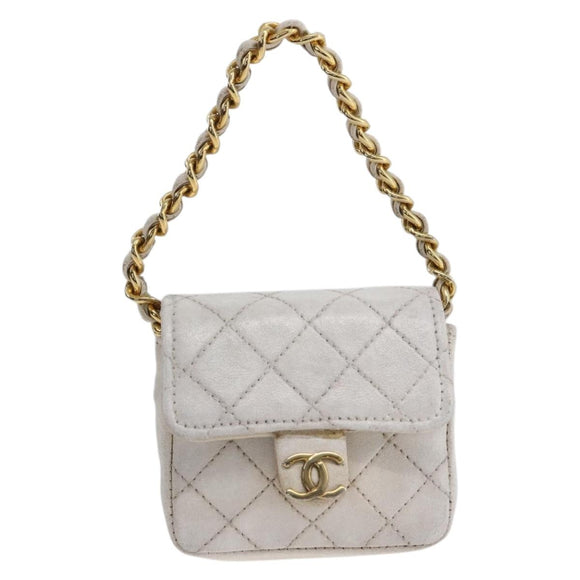 CHANEL Minimini Matelasse 7 Pouch Leather White Gold CC Auth LNZ849
