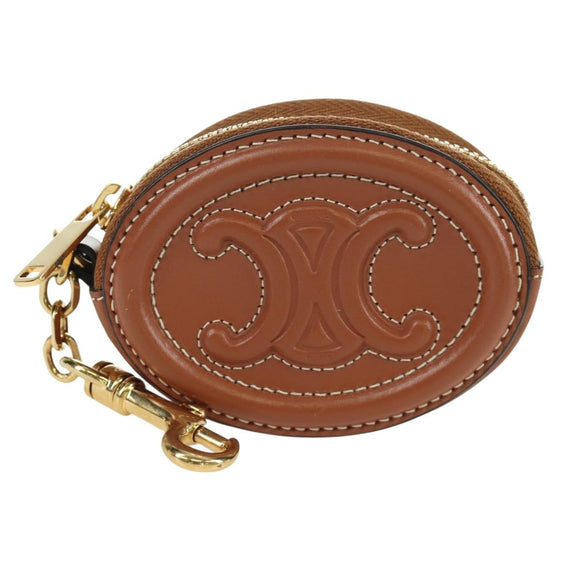 CELINE Triomphe Coin Purse Leather Brown Gold Auth LNZ851M