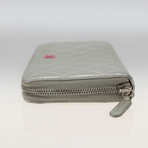 CHANEL Matelasse Long Wallet Lamb Skin Silver CC Auth LNZ865A