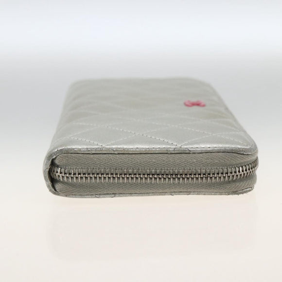 CHANEL Matelasse Long Wallet Lamb Skin Silver CC Auth LNZ865A