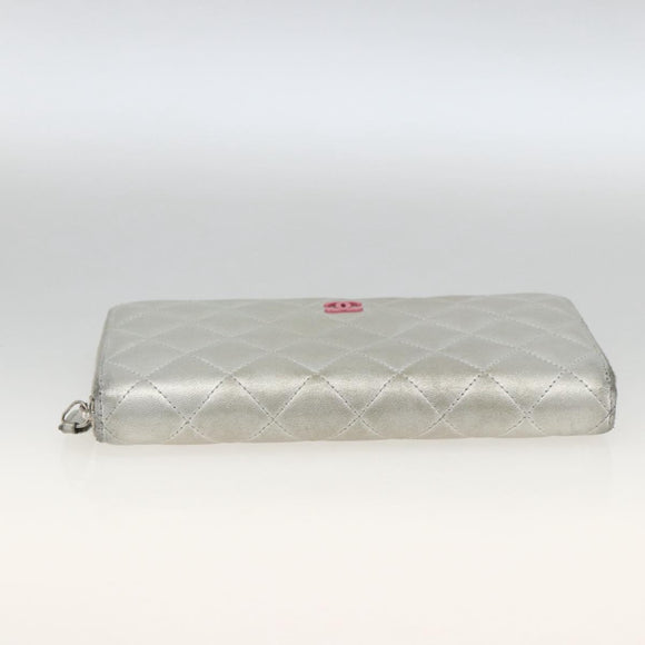 CHANEL Matelasse Long Wallet Lamb Skin Silver CC Auth LNZ865A