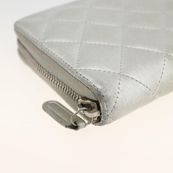 CHANEL Matelasse Long Wallet Lamb Skin Silver CC Auth LNZ865A