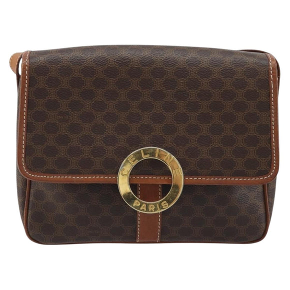 CELINE Macadam Canvas Shoulder Bag PVC Leather Brown Gold Auth LNZ873A