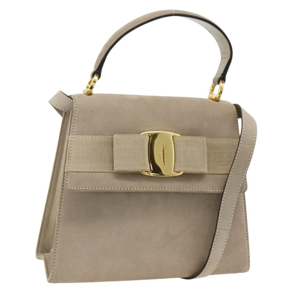 Salvatore Ferragamo Vala Hand Bag Suede 2way Beige Gold Auth LNZ972
