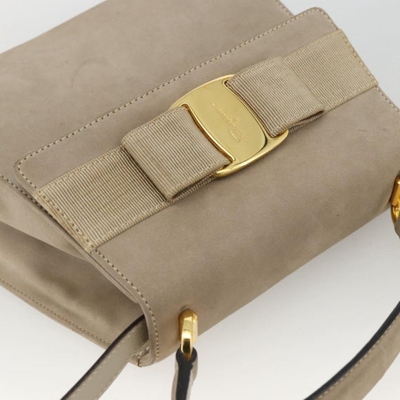 Salvatore Ferragamo Vala Hand Bag Suede 2way Beige Gold Auth LNZ972