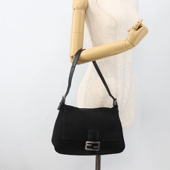 FENDI Mamma Baguette Schoudertas Nylon Zwart Zilver Auth LNZ973