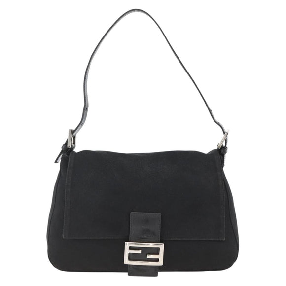 FENDI Mamma Baguette Schoudertas Nylon Zwart Zilver Auth LNZ973