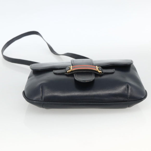 GUCCI Shoulder Bag Leather Navy Gold Auth LNZ977