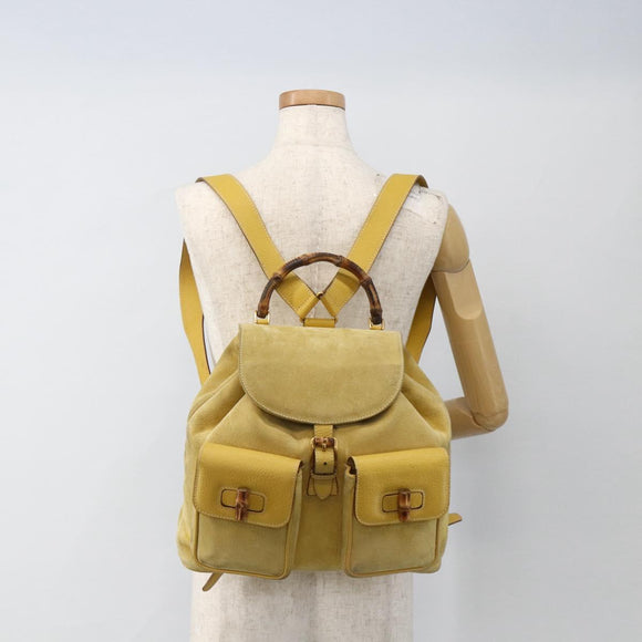 GUCCI Bamboo Backpack Suede Yellow Gold 003 2058 0016 Auth LNZ979A