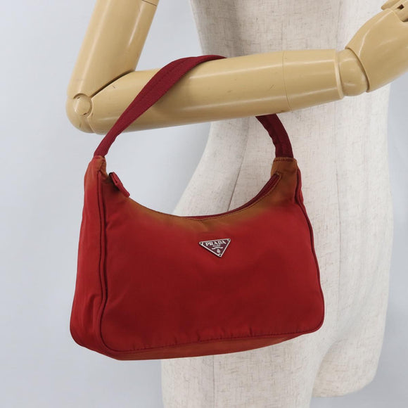 PRADA Hand Bag Nylon Red Silver Auth LNZ983