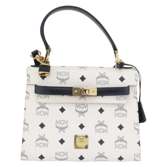 MCM Vicetos Logogram Hand Bag PVC Leather 2way White Gold Auth LNZ988A