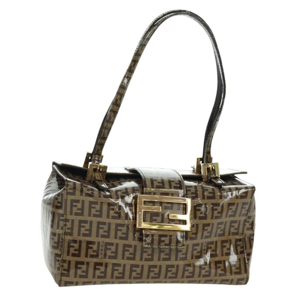 FENDI Zucchino Canvas Mamma Baguette Schultertasche Braun Gold Auth LNZ993A