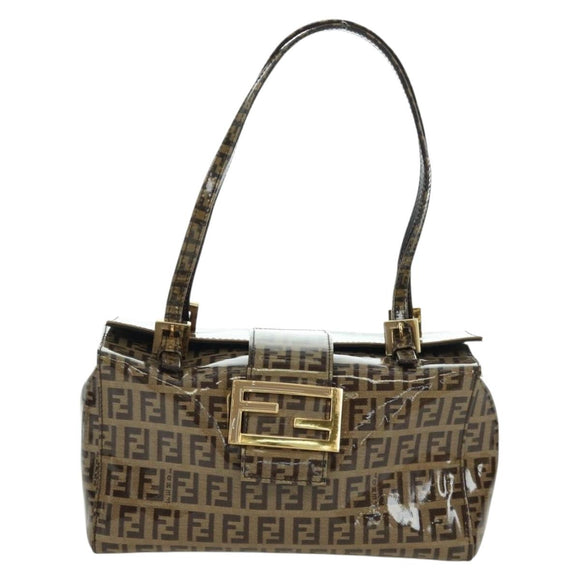 FENDI Zucchino Canvas Mamma Baguette Shoulder Bag Brown Gold Auth LNZ993A