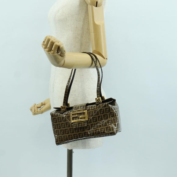 FENDI Zucchino Canvas Mamma Baguette Schultertasche Braun Gold Auth LNZ993A