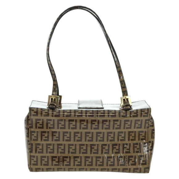 FENDI Zucchino Canvas Mamma Baguette Schultertasche Braun Gold Auth LNZ993A