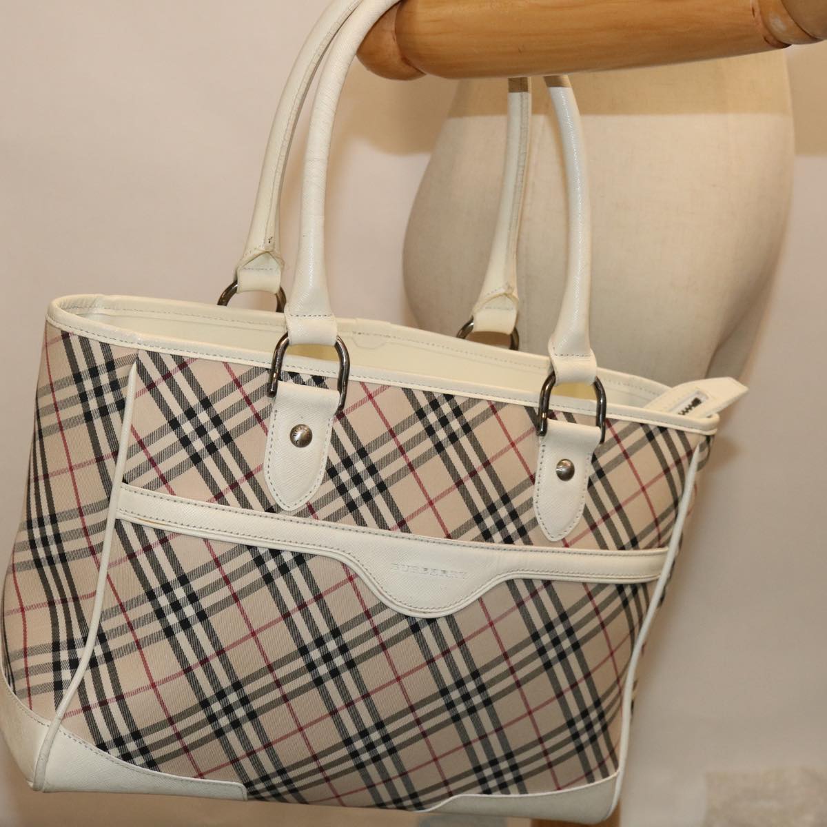 BURBERRY Nova Check Hand Bag Canvas Beige White Auth mr032