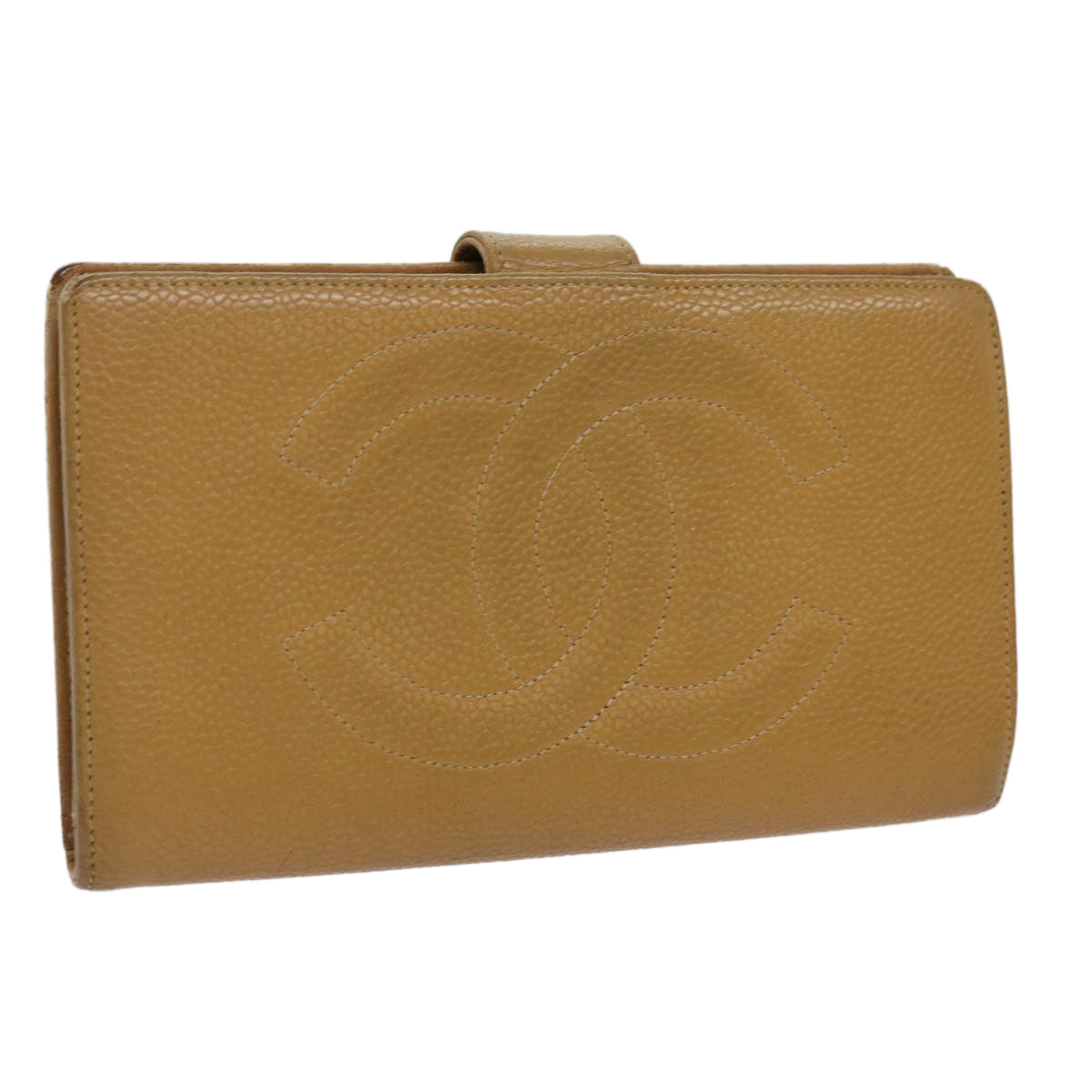 CHANEL Long Wallet Caviar Skin Beige CC Auth mr050