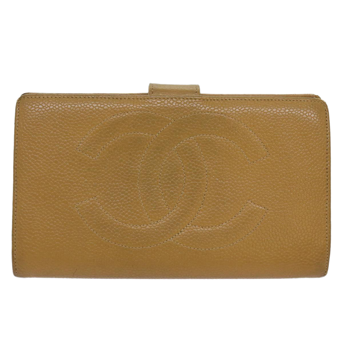 CHANEL Long Wallet Caviar Skin Beige CC Auth mr050