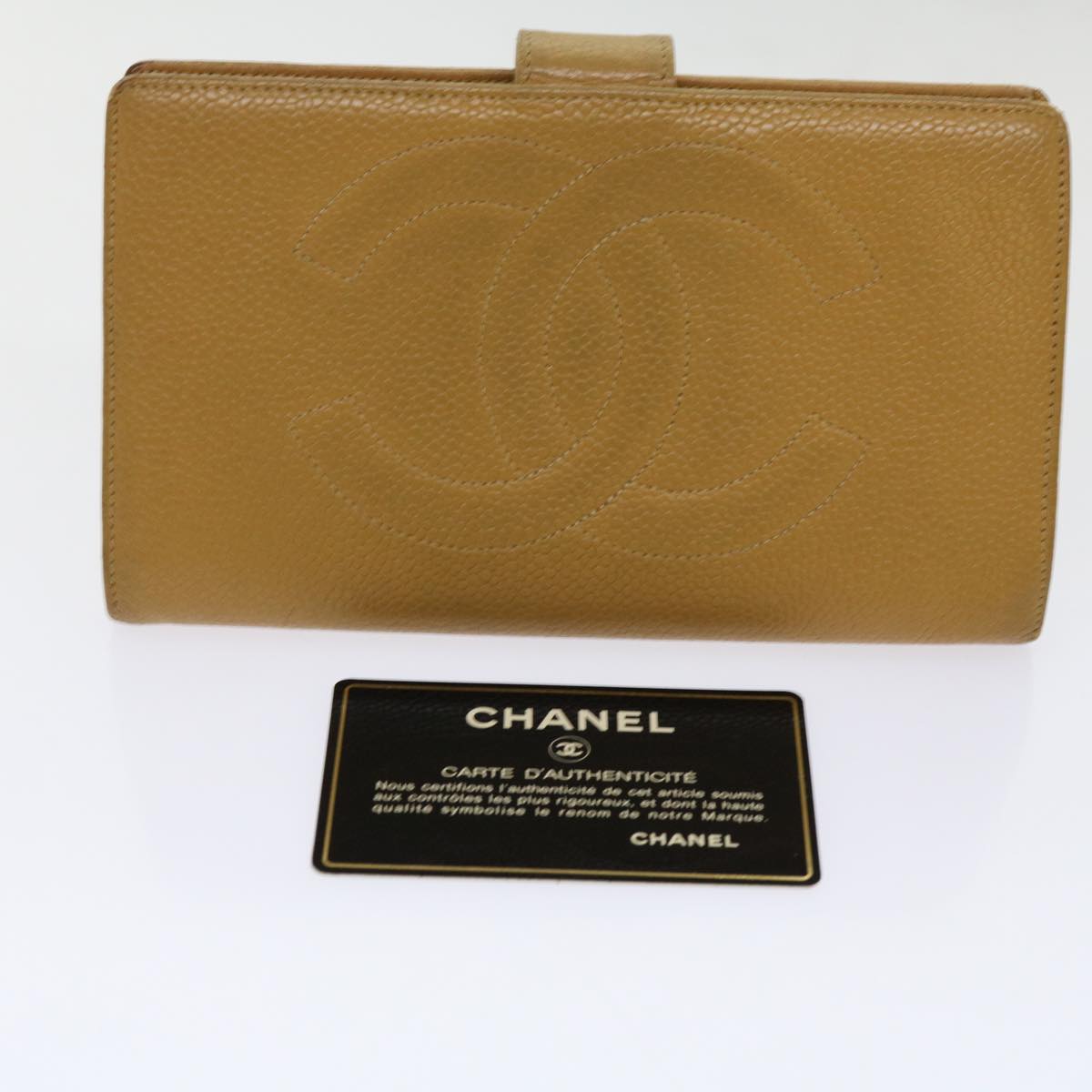 CHANEL Long Wallet Caviar Skin Beige CC Auth mr050