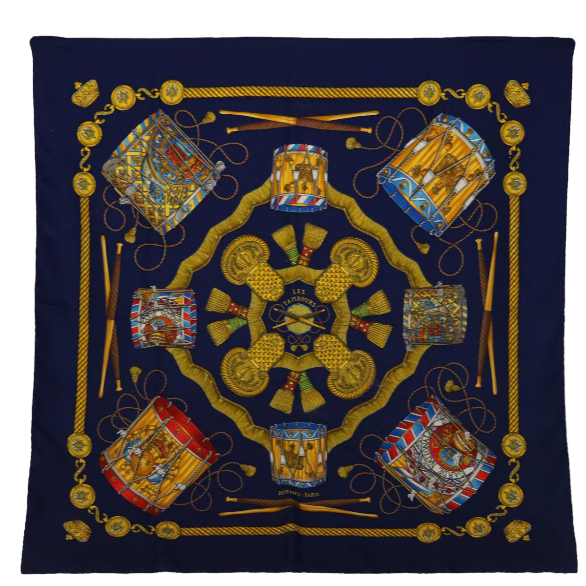 HERMES Carre 90 LES TAMBOURS Scarf Silk Navy Auth mr066
