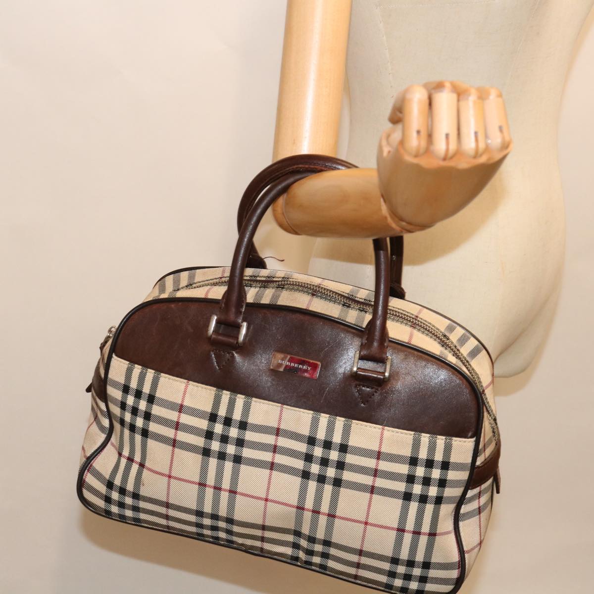 BURBERRY Nova Check Hand Bag Nylon Beige Auth mr097