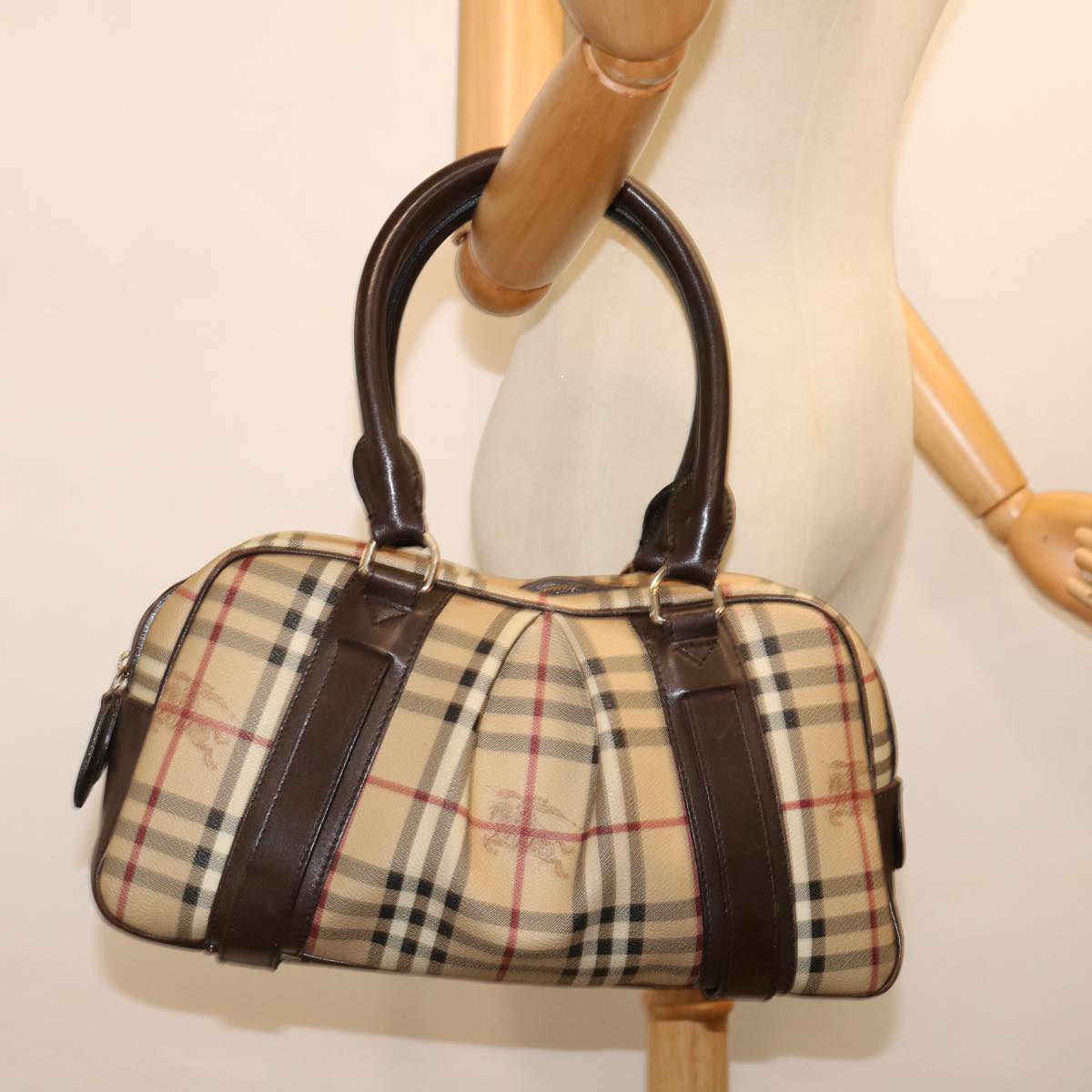 BURBERRY Nova Check Hand Bag PVC Beige Auth mr098