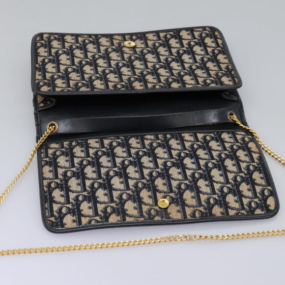 Christian Dior Trotter Canvas Chain Shoulder Bag Navy Gold Auth mr1030