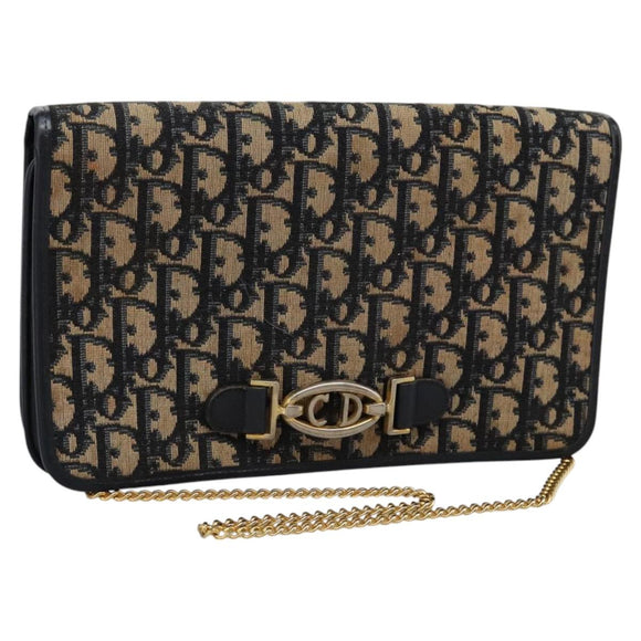 Christian Dior Trotter Canvas Chain Shoulder Bag Navy Gold Auth mr1030