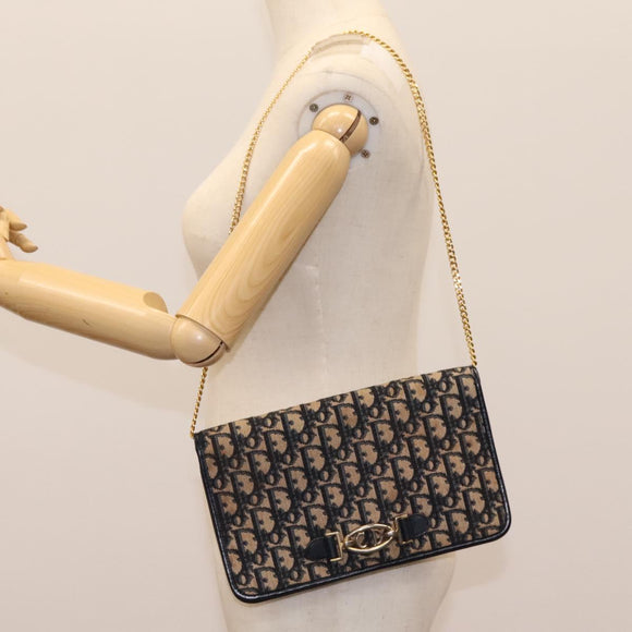 Christian Dior Trotter Canvas Chain Shoulder Bag Navy Gold Auth mr1030