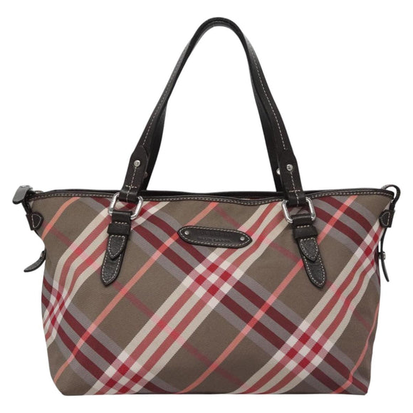 BURBERRY Nova Check Blue Label Hand Bag Nylon Red Brown Auth mr1107