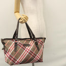 BURBERRY Nova Check Blue Label Hand Bag Nylon Red Brown Auth mr1107-22