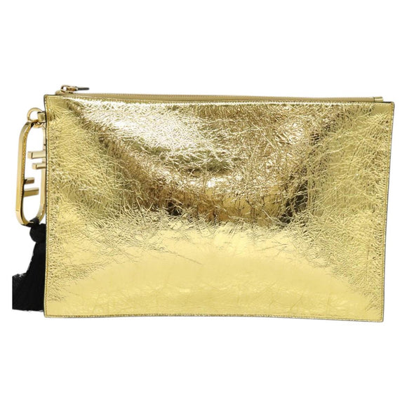 FENDI Clutch Bag Leather Brown Gold Auth mr1110V