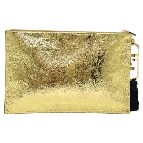 FENDI Clutch Bag Leather Brown Gold Auth mr1110V