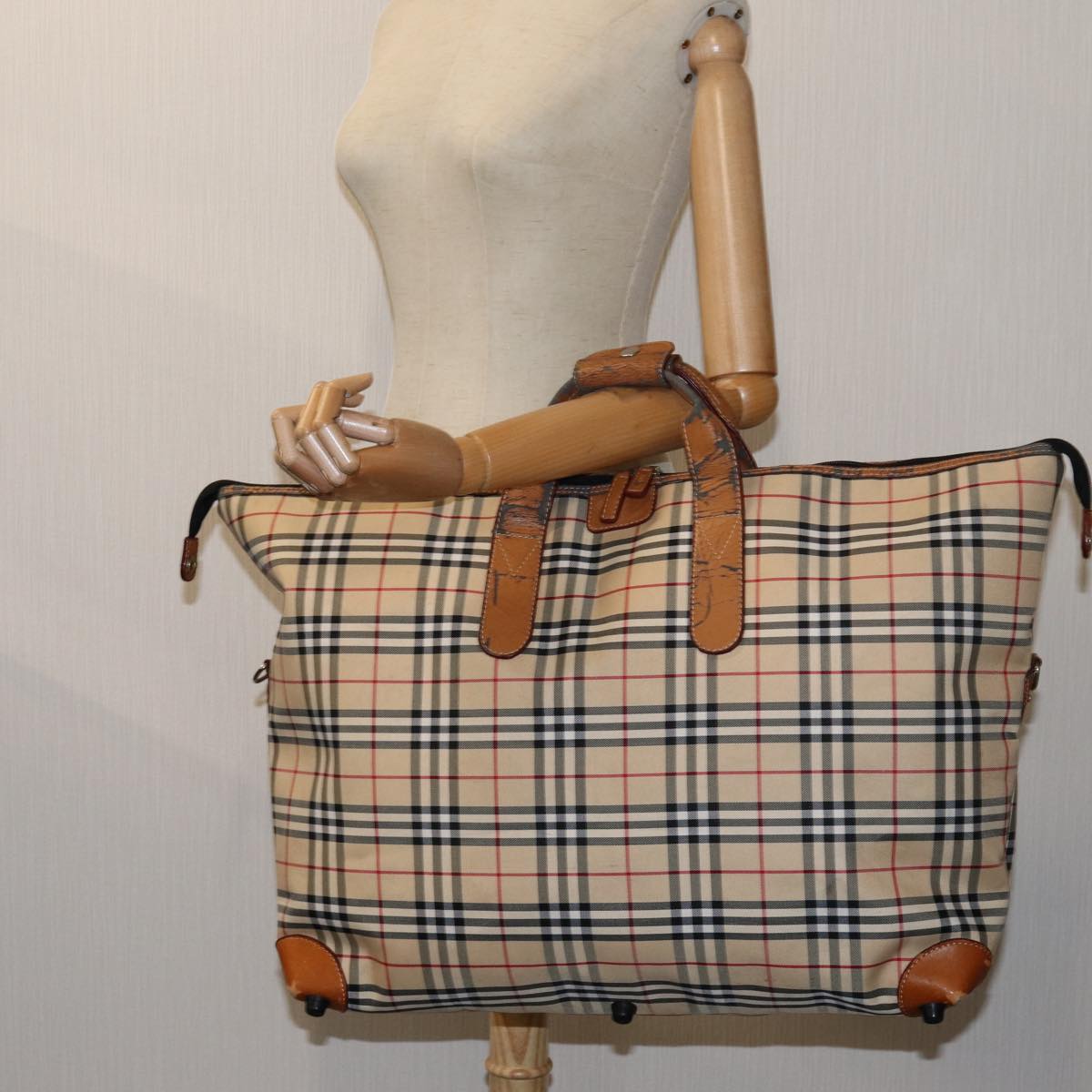 BURBERRY Nova Check Boston Bag Canvas Beige Auth mr112