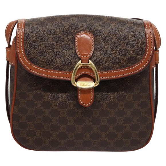 CELINE Macadam Canvas Shoulder Bag PVC Leather Brown Gold Auth mr1125