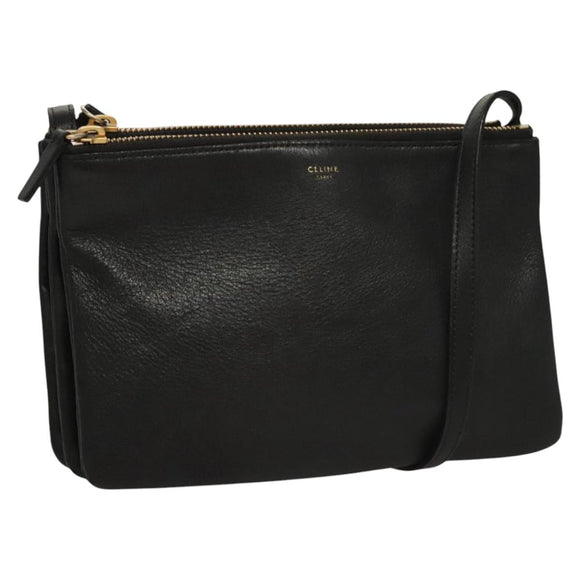 CELINE Trio bag Shoulder Bag Leather Black Gold Auth mr1158